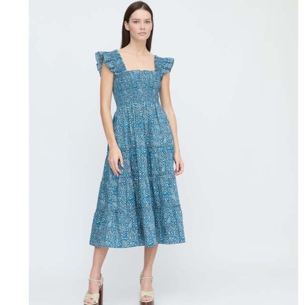 Hill House Home The Ellie Nap Dress in Navy Calico Trellis Blue Size Small. NWT